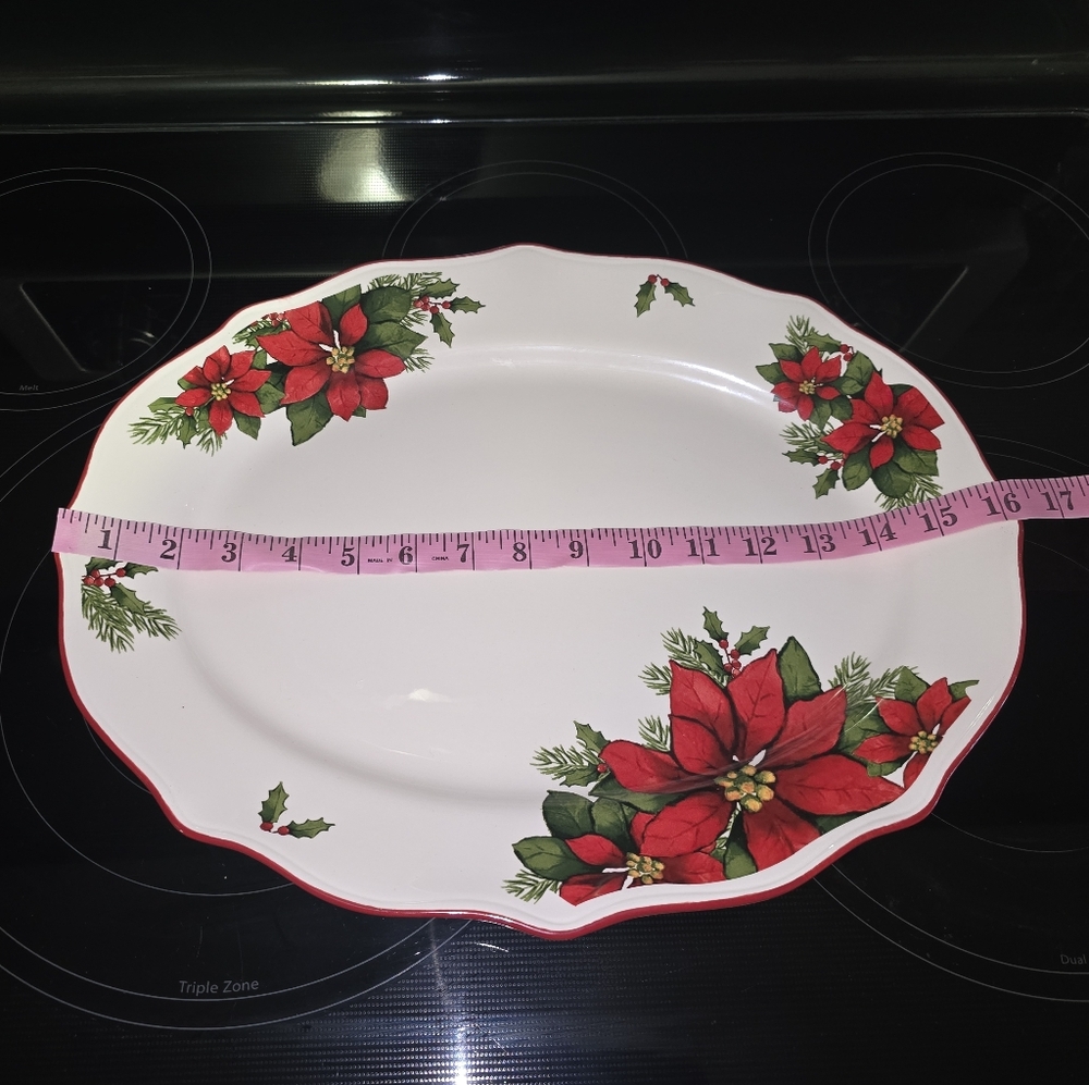 Better Homes and Gardens Creamware 15" Oval Serving Platter Poinsettia - Picture 3 of 13